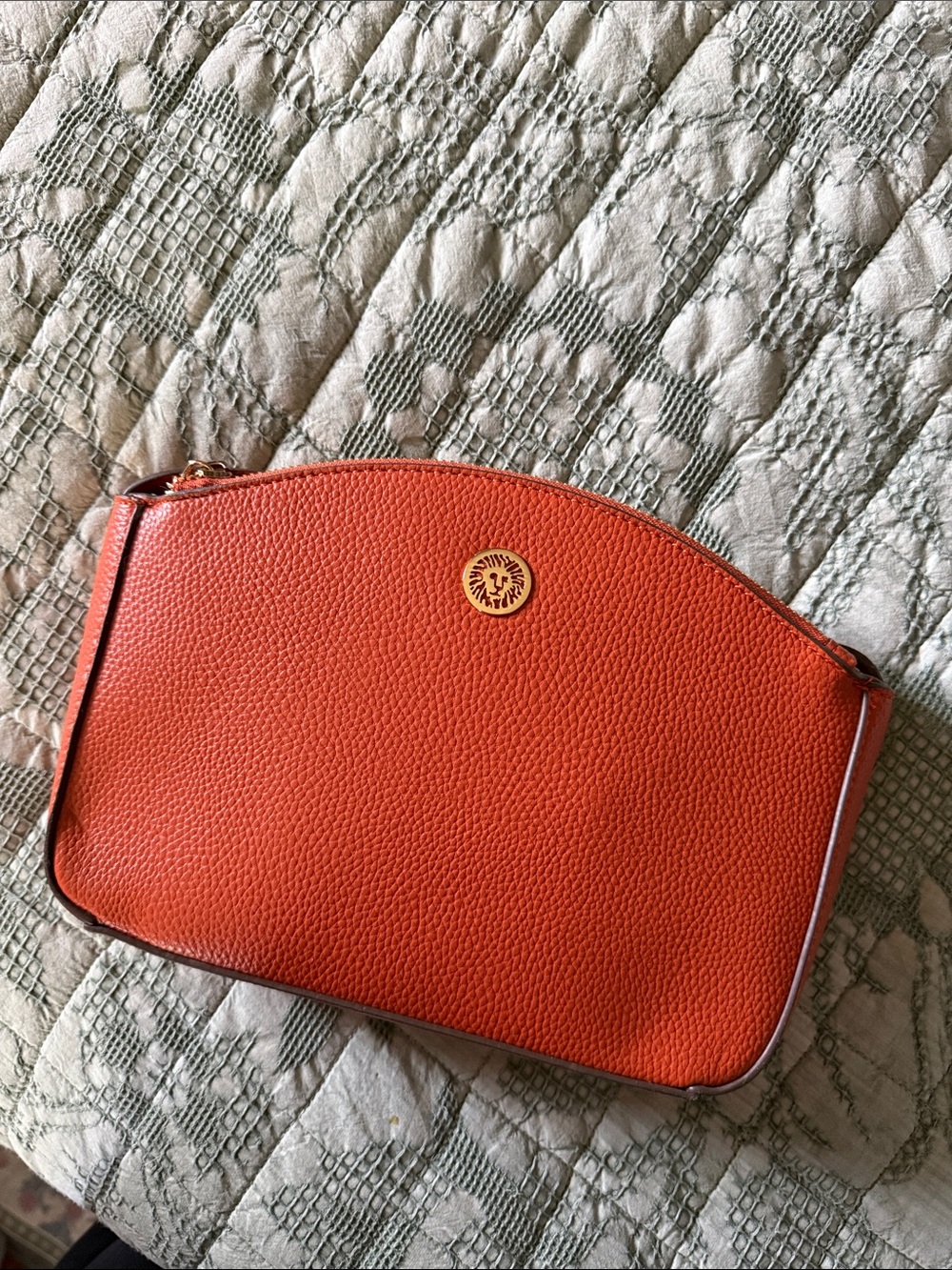Anne Klein Orange Pebbled Leather Crossbody Pouch with Gold Logo
